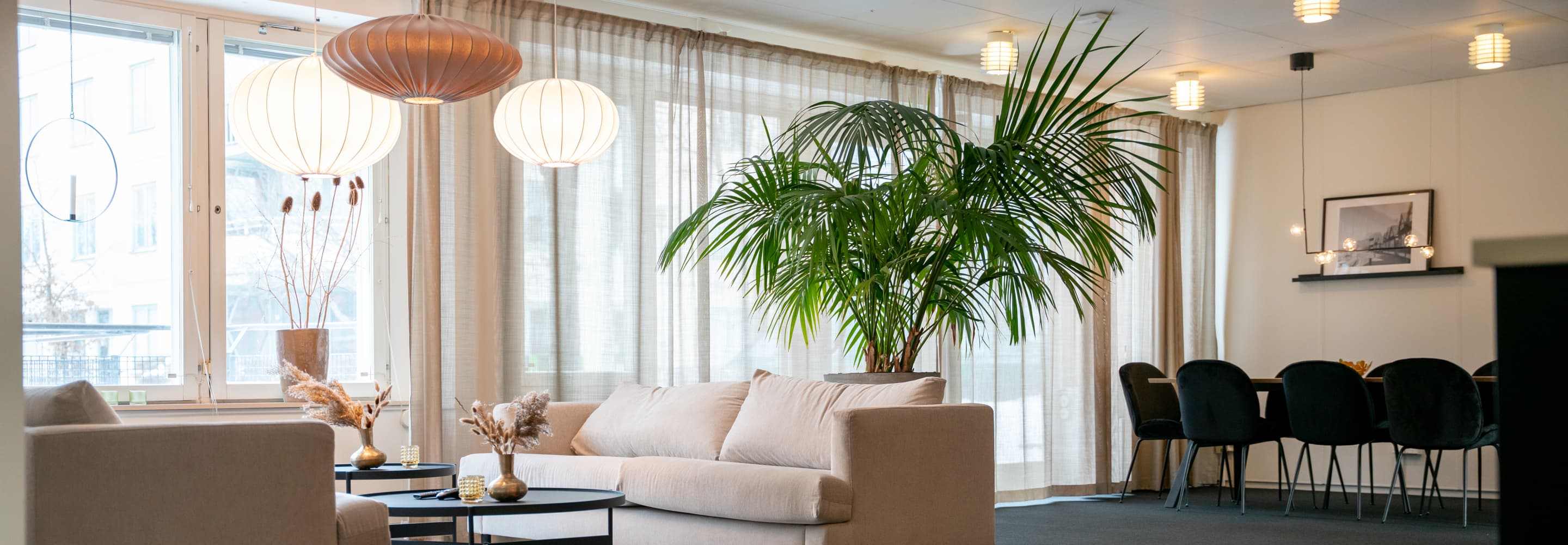 Ett kontor fyllt med möbler och en krukväxt.